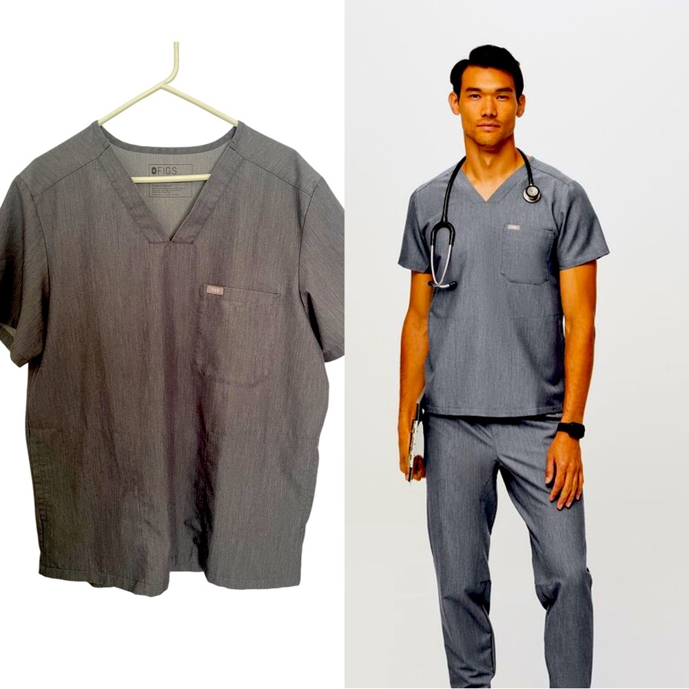 FIGS Mens Scrub Top Short Sleeves Three-Pocket Stretchy Size L in Graphite